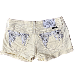 Miss Me Pastel Yellow Bedazzled Embroidered Denim Shorts Size 29
